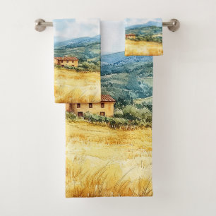 Rustic Elegant Watercolor Tuscan Mediterranean Bath Towel Set