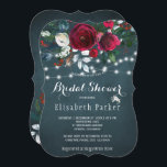 Rustic elegant winter floral chic bridal shower invitation<br><div class="desc">Winter rustic bridal shower party stylish invitation template on a dark navy blue chalkboard featuring a beautiful red wine burgundy and white peony roses bouquet with hunter green seasonal foliage, strings of white twinkle lights, and a trendy calligraphy script. Easy to personalize with your details! The invitation is suitable for...</div>