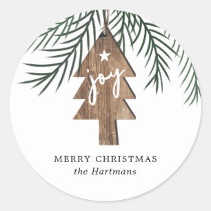 Rustic Elegant Wood Tree Joy Ornament Christmas  Classic Round Sticker