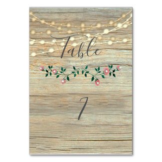 Rustic elegant  wooden string lights roses table number