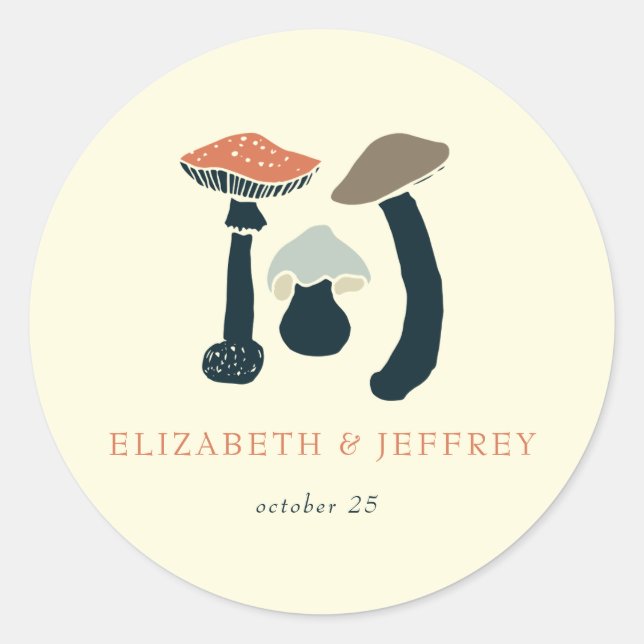 Rustic Elegant Woodland Wild Mushrooms Wedding Classic Round Sticker (Front)