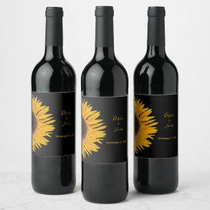Rustic Elegant Yellow Black Sunflower Wedding Wine Label