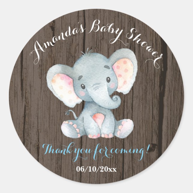 Rustic Elephant Baby Shower Blue Thank You Favour Classic Round Sticker (Front)
