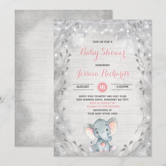 Rustic Elephant Baby Shower Invitation Girl Shower (Front/Back)