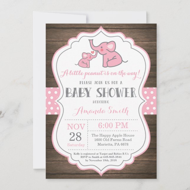 Rustic Elephant Baby Shower Invitation Pink (Front)