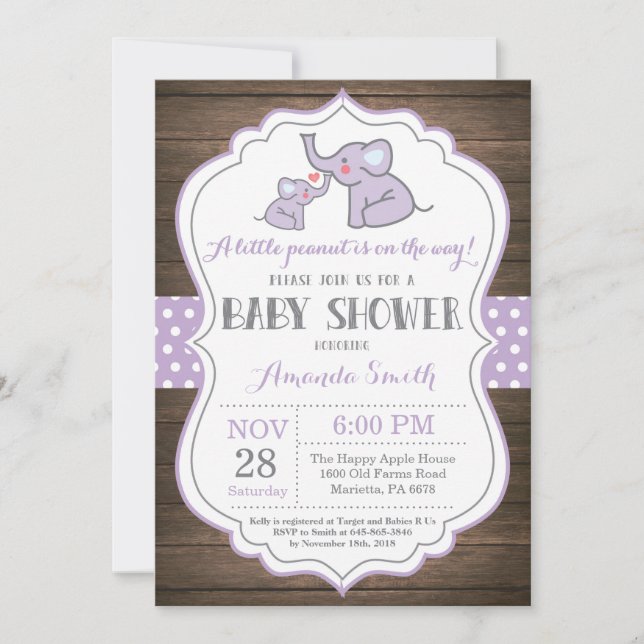 Rustic Elephant Baby Shower Invitation Purple (Front)