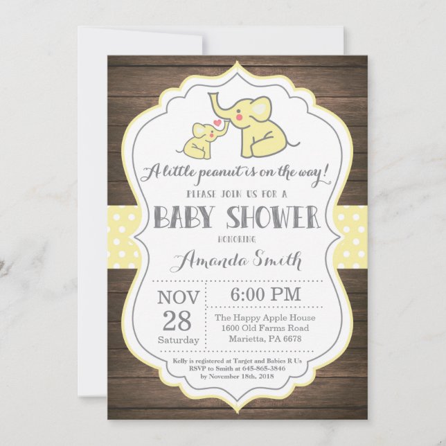 Rustic Elephant Baby Shower Invitation Yellow (Front)