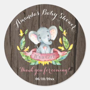 Rustic Elephant Baby Shower Pink Thank You Favour Classic Round Sticker