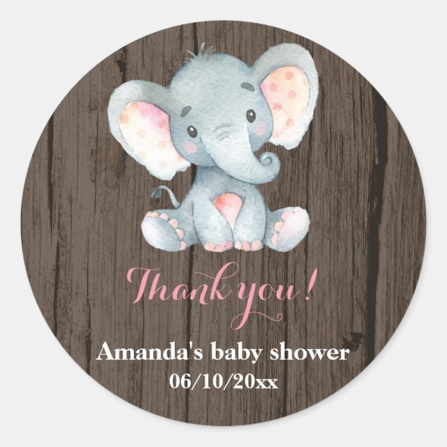 Rustic Elephant Baby Shower Pink Thank You Favour Classic Round Sticker (Front)