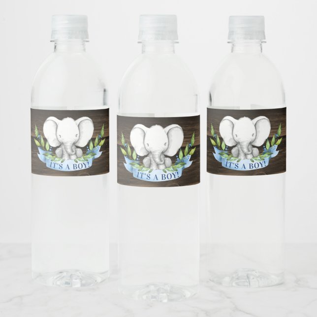 Rustic Elephant Boy Baby Shower Water Bottle Label (Bottles)