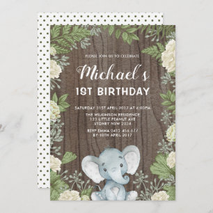 Rustic Elephant Greenery 1st Birthday Party Invitation