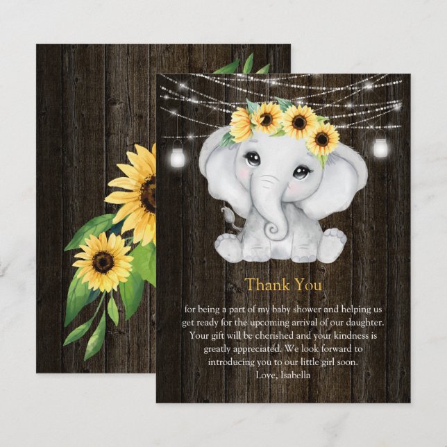 Rustic Elephant Sunflowers Lights Girl Baby Shower Invitation (Front/Back)