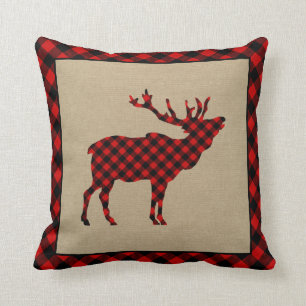 Rustic Elk Burlap and Red Plaid Throw Pillow