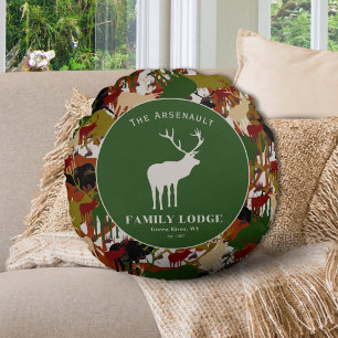 Rustic Elk Camo Family Name Lodge Round Pillow