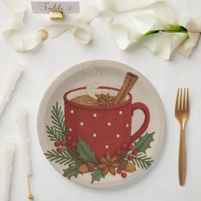  Rustic embroidery Christmas cocoa Mug Cinnamon Paper Plate (Wedding)