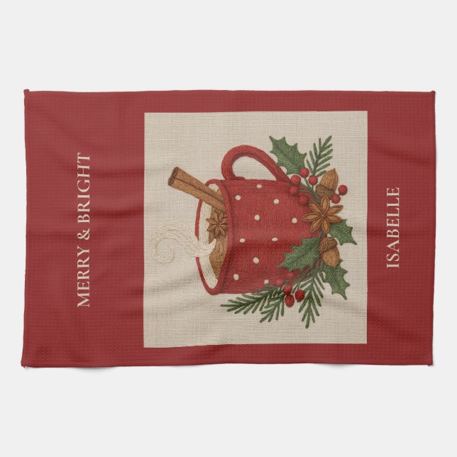  Rustic embroidery  Christmas cocoa with Cinnamon Kitchen Towel (Horizontal)