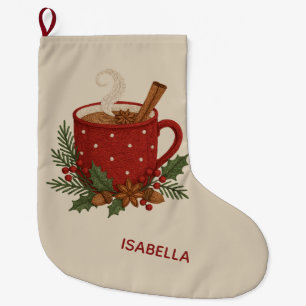 Rustic embroidery Christmas cocoa with Cinnamon Large Christmas Stocking