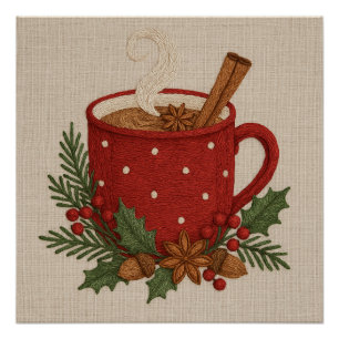 Rustic embroidery Christmas cocoa with Cinnamon Poster