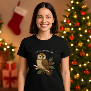 Rustic embroidery Christmas Owl with Holly black T-Shirt