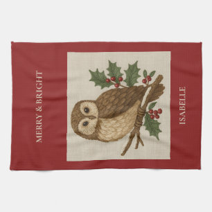 Rustic embroidery Christmas Owl with Holly Kitchen Towel