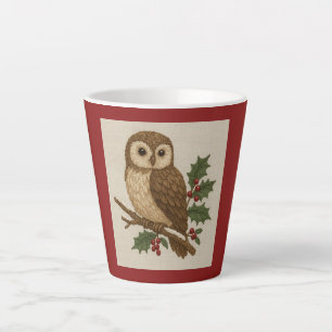 Rustic embroidery Christmas Owl with Holly Latte Mug