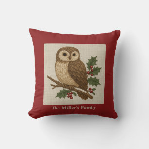 Rustic embroidery Christmas Owl with Holly Throw Pillow