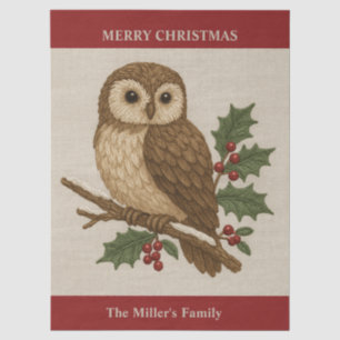 Rustic embroidery Christmas Owl with Holly Tissue Paper