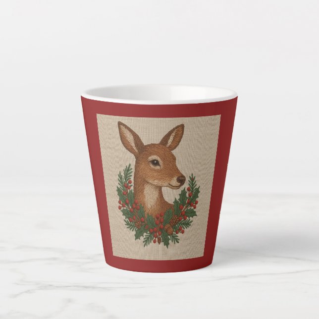 Rustic embroidery Deer & Holiday Greens christmas Latte Mug (Front)