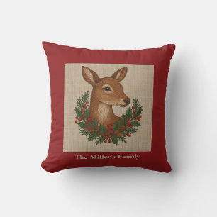 Rustic embroidery Deer & Holiday Greens christmas Throw Pillow