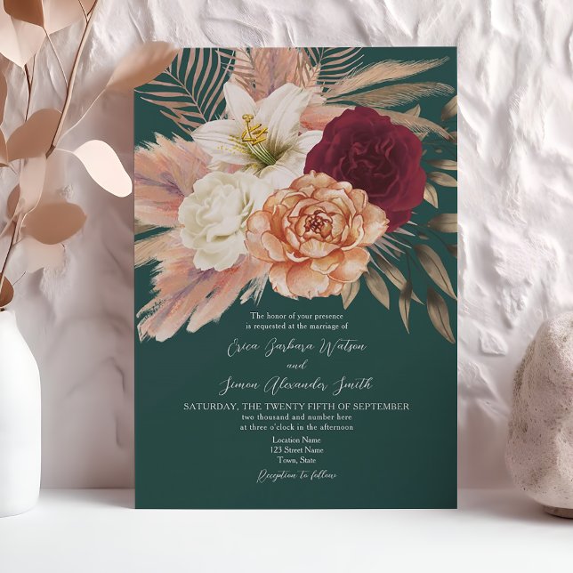 Rustic Emerald and Burgundy Floral Wedding Invitation (Creator Uploaded)