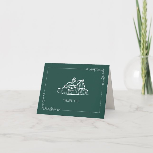 Rustic Emerald Barn Farm Wedding Thank You Card (Front)