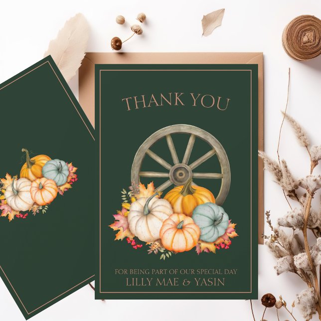 Rustic Emerald Green Autumn Fall Pumpkins Wedding Thank You Card (Creator Uploaded)