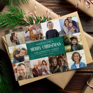 Rustic Emerald Green Christmas 10 Photos Collage Holiday Card