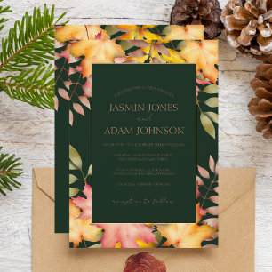 Rustic Emerald Green Fall Autumn Leaves Wedding Invitation