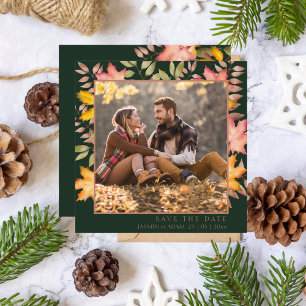 Rustic Emerald Green Fall Leaves Photo Wedding Save The Date