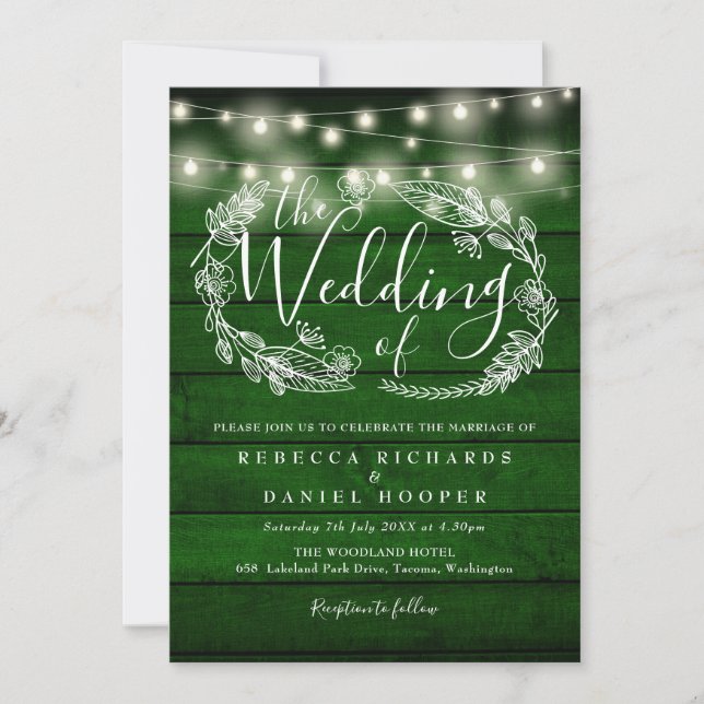 Rustic Emerald Green String Lights Photo Wedding Invitation (Front)