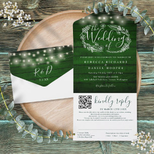 Rustic Emerald Green String Lights QR Code Wedding All In One Invitation
