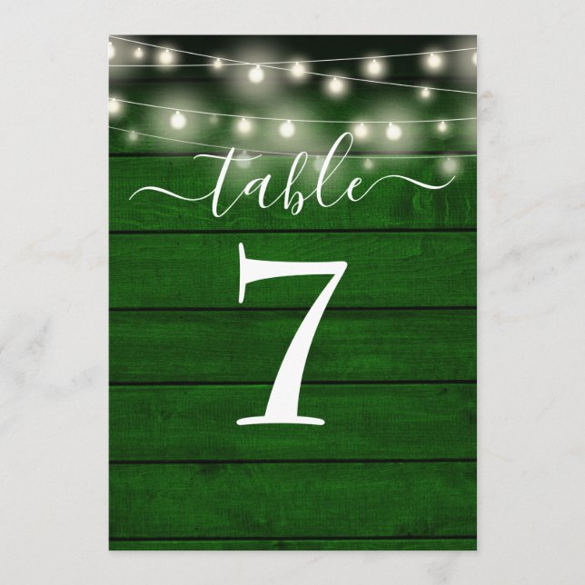 Rustic Emerald Green String Lights Table Number (Front)