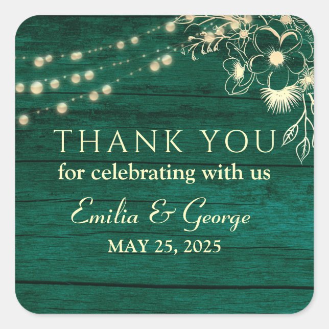 Rustic Emerald Green Wedding Thank You Square Sticker (Front)