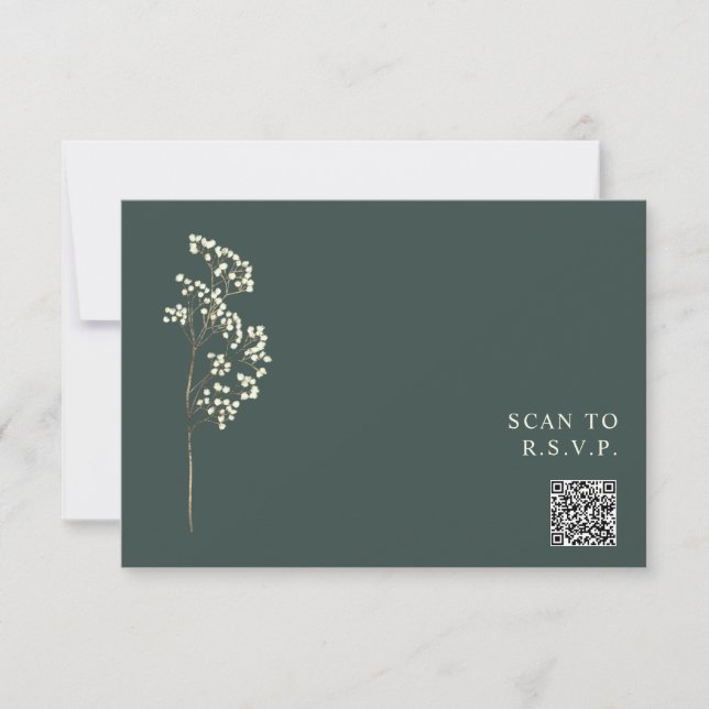 Rustic Emerald Gypsophila QR Code Wedding RSVP Card (Front)