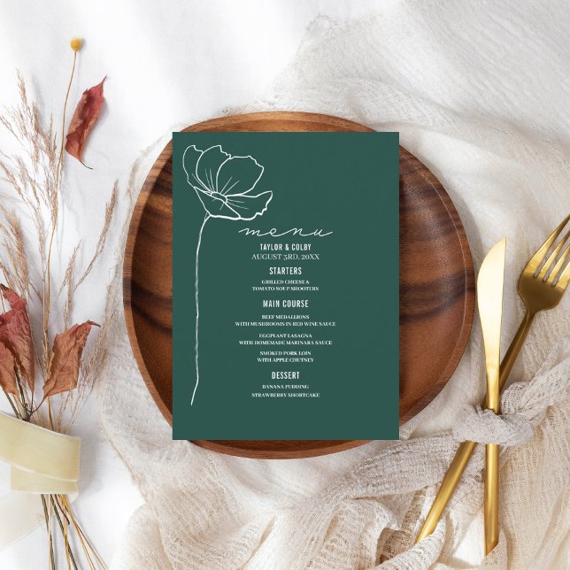 Rustic Emerald Line Art Flower Wedding Menu (Creator Uploaded)