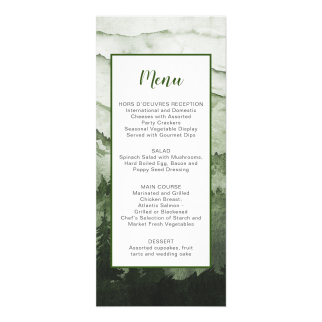 Rustic Emerald Mountain Landscape Wedding Menu (Front)