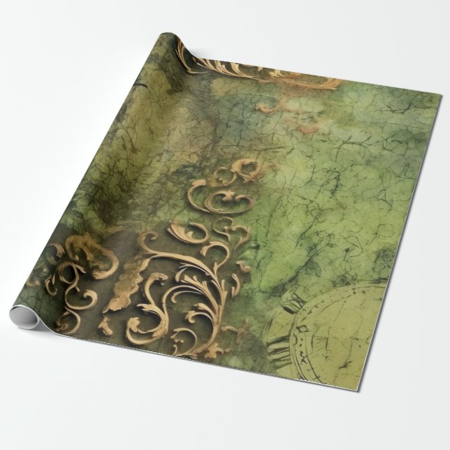 Rustic Emerald Steampunk Machinery Wrapping Paper (Unrolled)