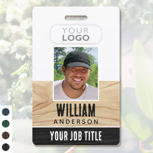Rustic Employee ID Name Logo Photo Woodgrain Black Badge