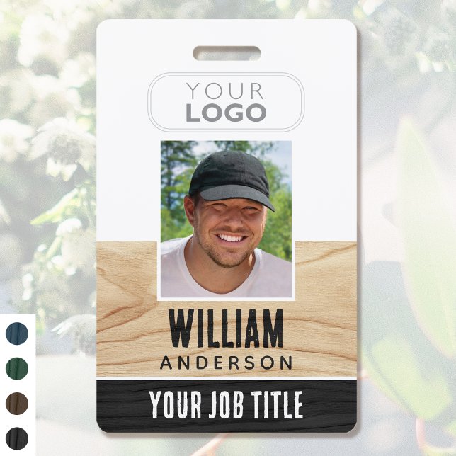 Rustic Employee ID Name Logo Photo Woodgrain Black Badge (Creator Uploaded)