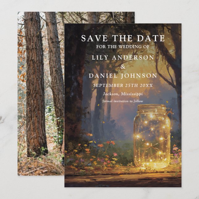 Rustic Enchanted Forest Mason Jar Photo Wedding Save The Date (Front/Back)