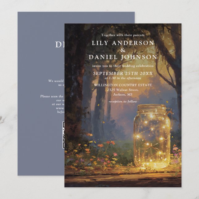 Rustic Enchanted Forest Mason Jar QR Code Wedding Invitation (Front/Back)