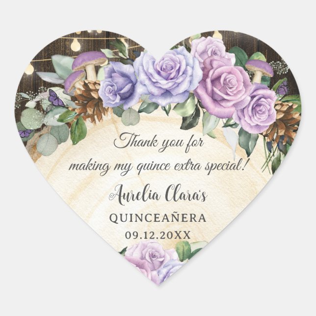 Rustic Enchanted Forest Purple Floral Quinceañera Heart Sticker (Front)