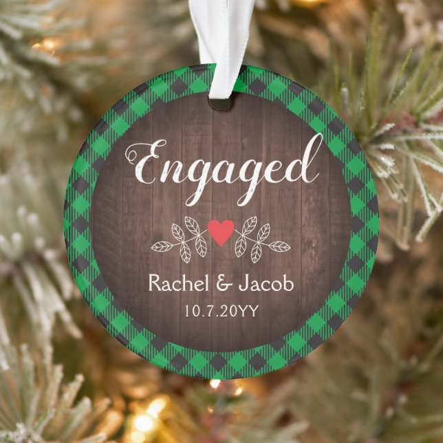 Rustic Engaged Green Buffalo Plaid Couple Ornament (Tree)