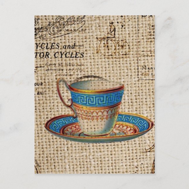 Rustic english country tea party blue teacup invitation postcard (Front)